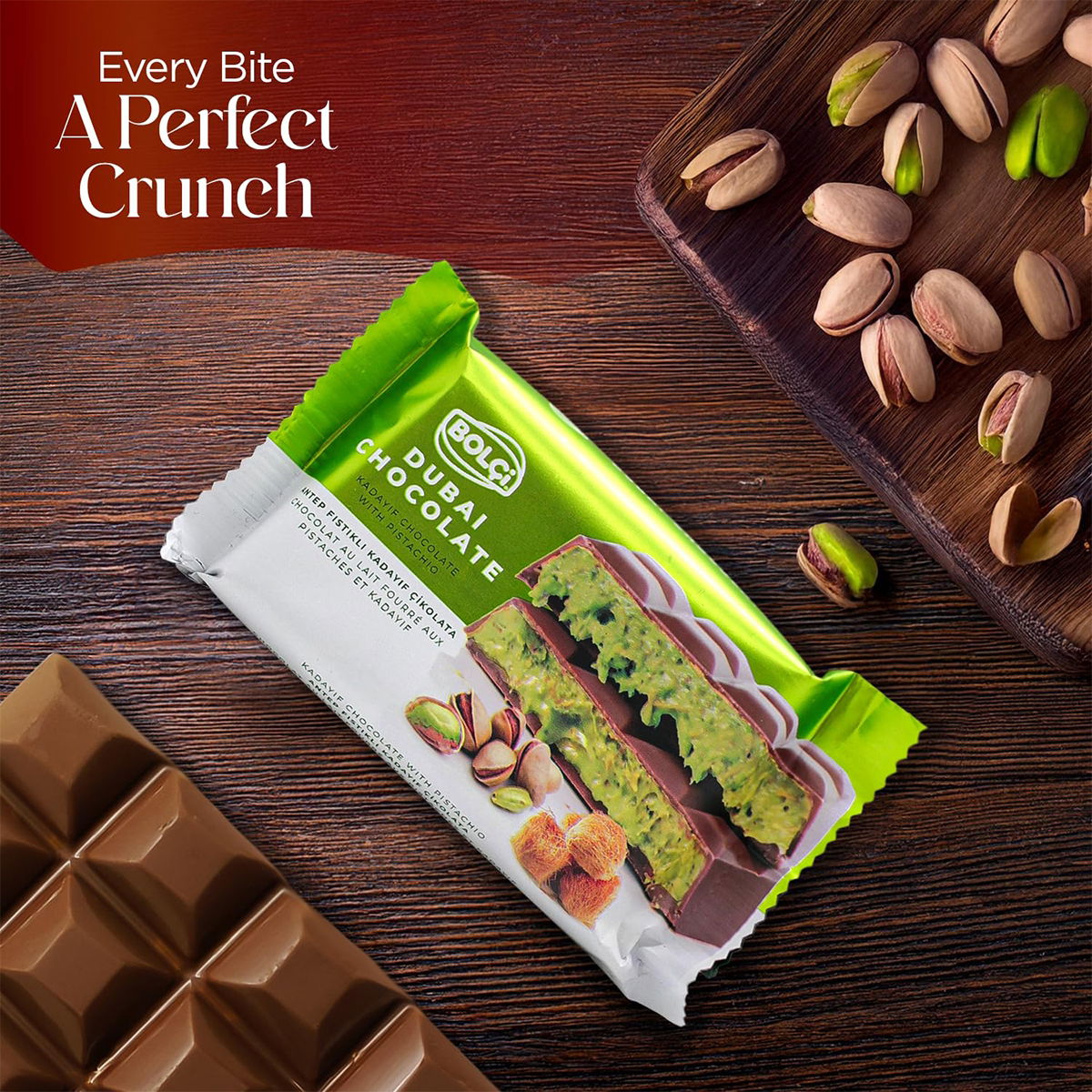 Bolci Dubai Chocolate Bar 65 g – Antep Pistachio & Kadayif Filled Milk Chocolate