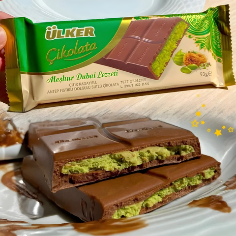 Ulker Meşhur Dubai Lezzeti Chocolate 93 g – Pistachio & Kadayif Filled Milk Chocolate