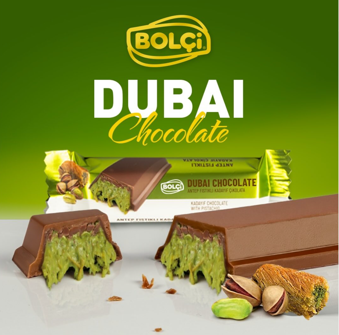 Bolci Dubai Chocolate Bar 30 g – Antep Pistachio & Kadayif Filled Milk Chocolate